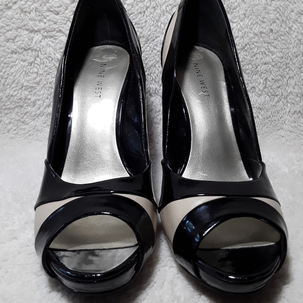 Nine West Leather Black/Beige Peep Toe Pumps Sz7.5 - Picture 4 of 13